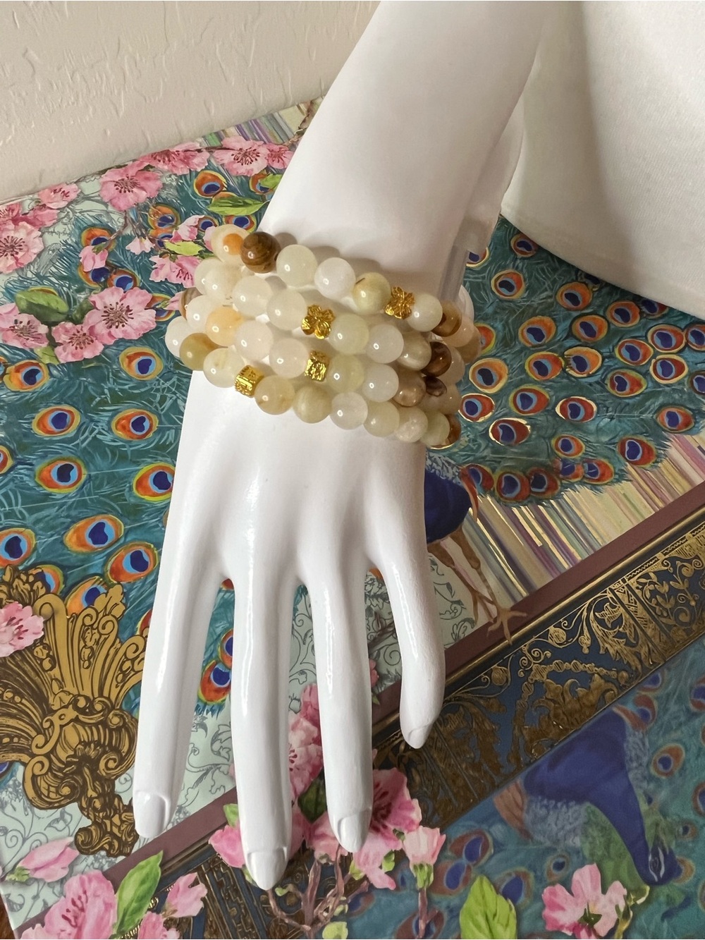 Natural Peach Aventurine 4-Bracelet Stack w/ Gold Accents - Picture 3 of 5
